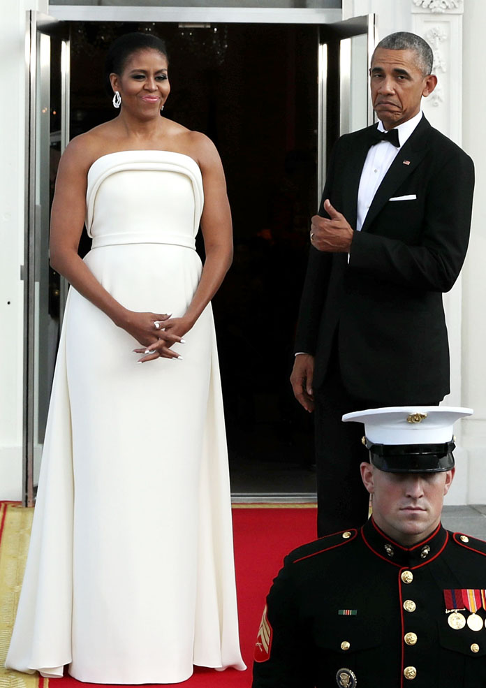 Michelle Obama Stuns in Strapless State Dinner Dress By Brandon Maxwell – Get The Look