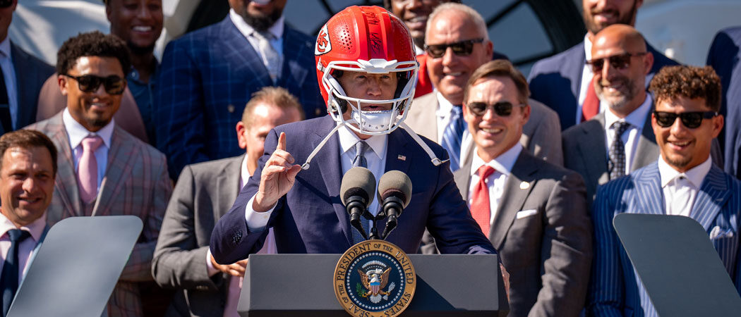 Biden Wears Kansas City Chiefs Helmet During White House Super Bowl Celebration, Travis Kelce Says He Might Get ‘Tased’ By Secret Service