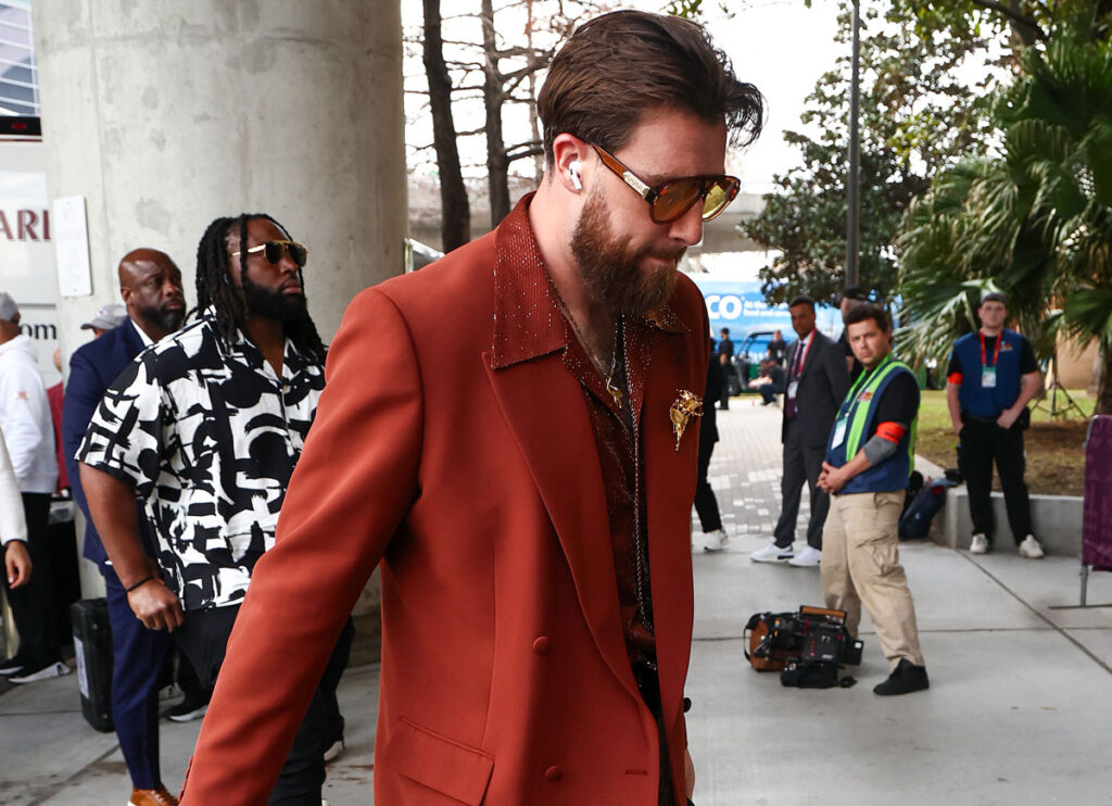 Travis Kelce Mocked For ’70s-Style Retro Suit In Run-up To Super Bowl 2025