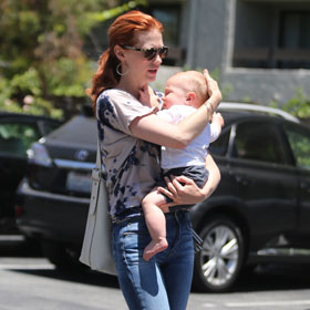 Redhead January Jones Takes Baby Xander Out To Lunch In Pasadena