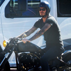 David Beckham Rides Motorcycle Through West Hollywood, Bonds With Harper